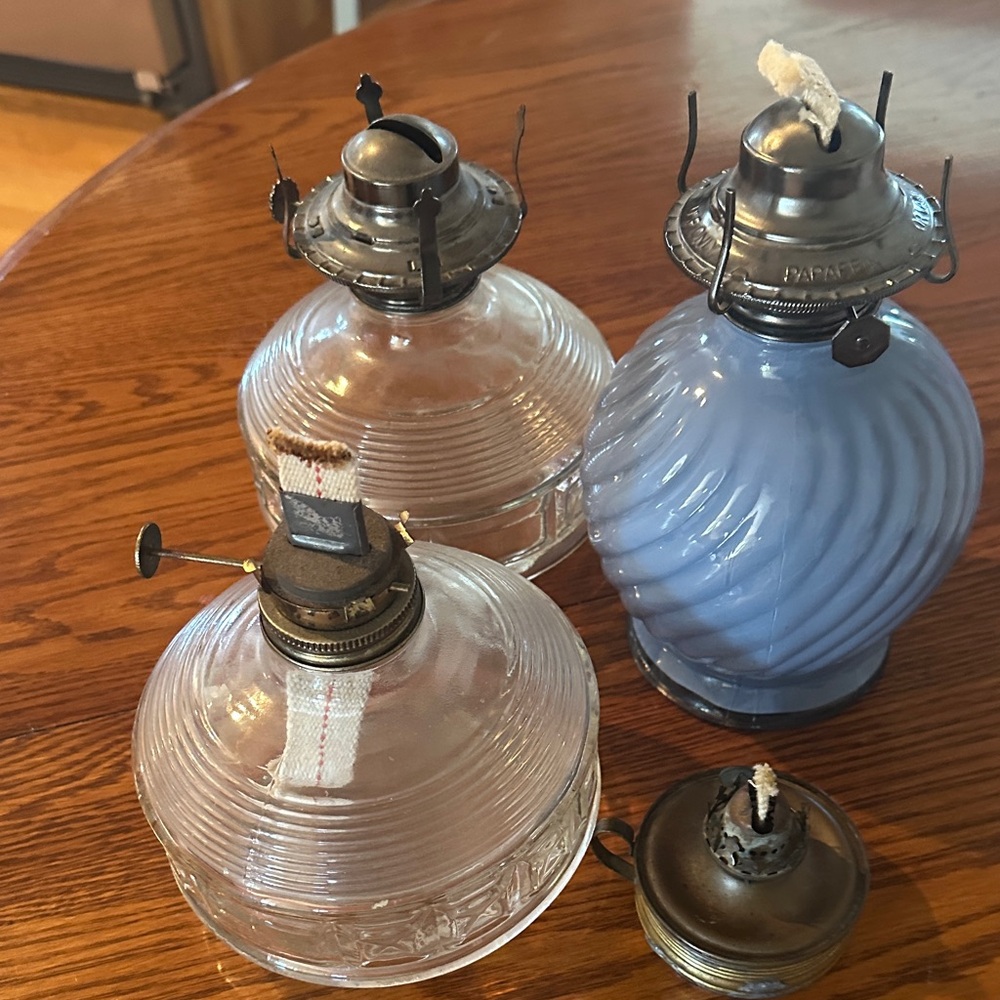 Lot of Elegant Glass Oil Lamps . 2 clear, 1 Blue and one metal